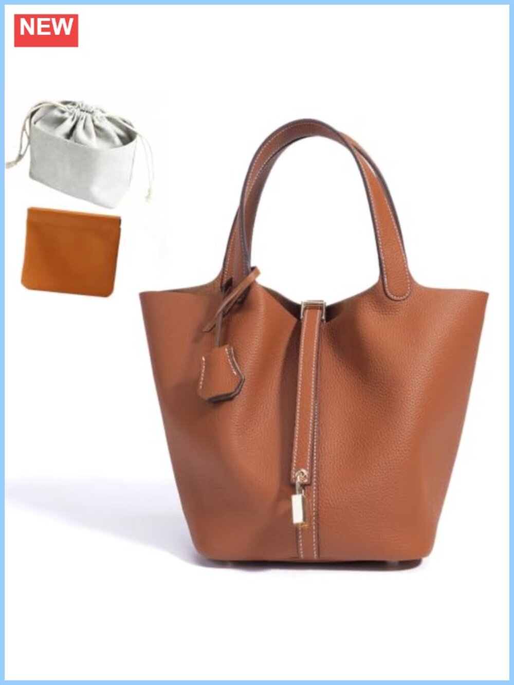 Genuine Leather Bucket Bag Lock Design Handbag for Women